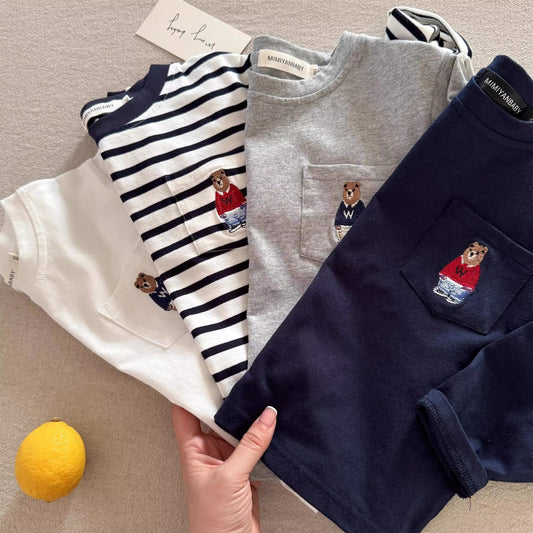 Sweet Little Chef Children's Long Sleeve T Autumn Boys' Japanese Style Bear Base Shirt Baby Toddler Striped Inner Layer Top