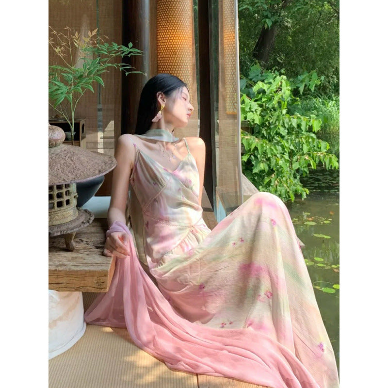 Cool Beauty Lotus Color Fairy-like Summer Atmosphere Cape Blouse Jacket Floral Strap Long Dress Set