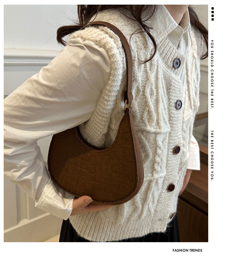 Solid Color Elegant Women's Bag2024Trendy Korean Style Autumn Winter New Stone Pattern Underarm Bag Casual Shoulder Handbag
