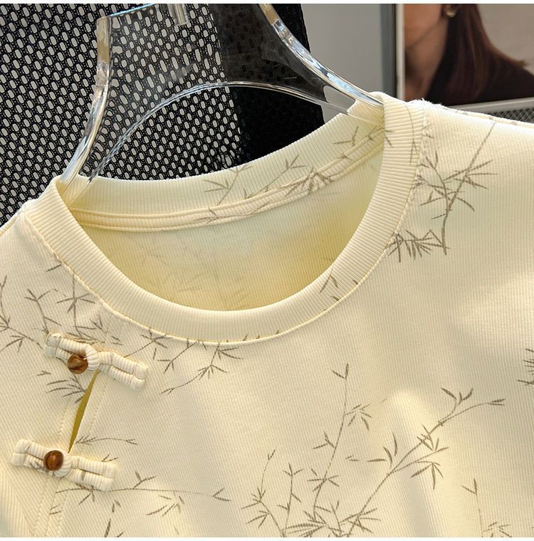 New Chinese Style National Style Button Short Sleeve t Women's Summer T-shirt2024New Women's Loose Slimming Plus Size Round Neck Top