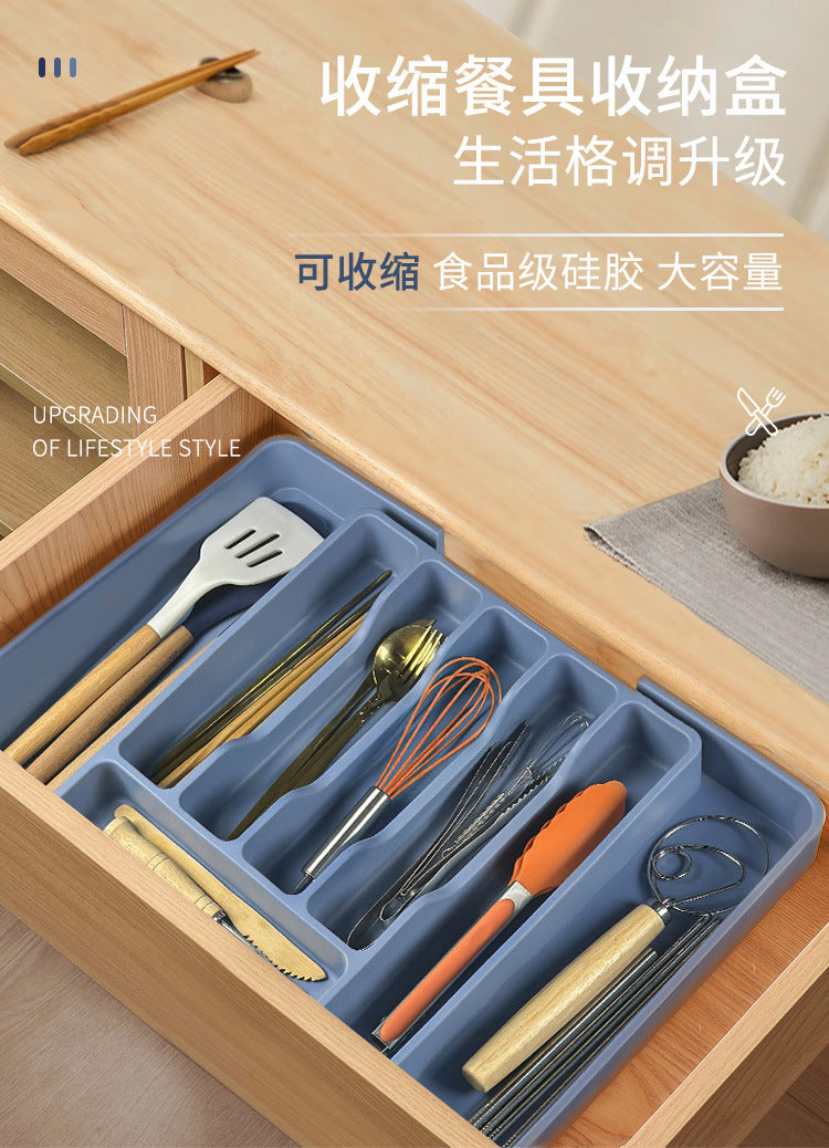 Cross-Border Utensil Tray Drawer Silicone Tableware Storage Box Shrinkable Storage Rack Kitchen Tool Storage Tray