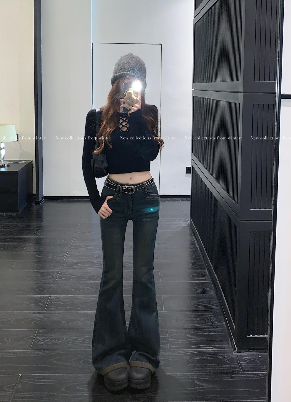 Washed Fleece-Lined Flared Jeans for Women, Autumn and Winter Vintage Slim High-Waisted Slimming Floor-Length Pants, Leg-Shaping