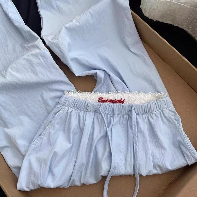Korean Style hiphop Blue High-Waisted Casual Pants for Women, Spring and Summer Loose Fit, Student Design, Niche Ballet Style Wide-Leg Pants