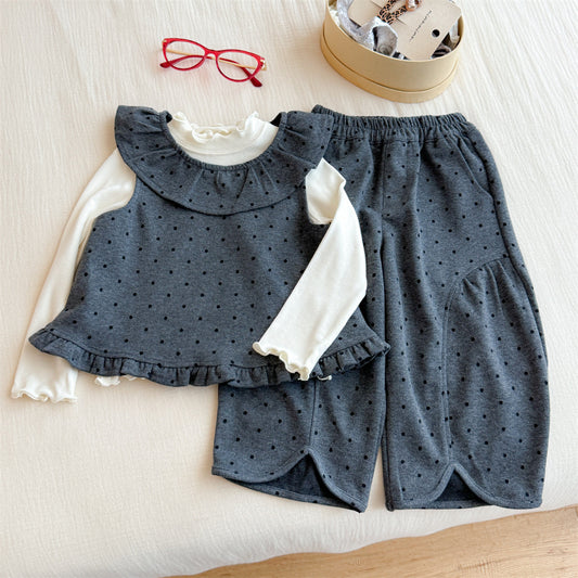 Sweet Little Girl Korean Style Set Autumn New Children's Back-to-School Stylish Lace Polka Dot Vest Wide-Leg Pants Three-Piece