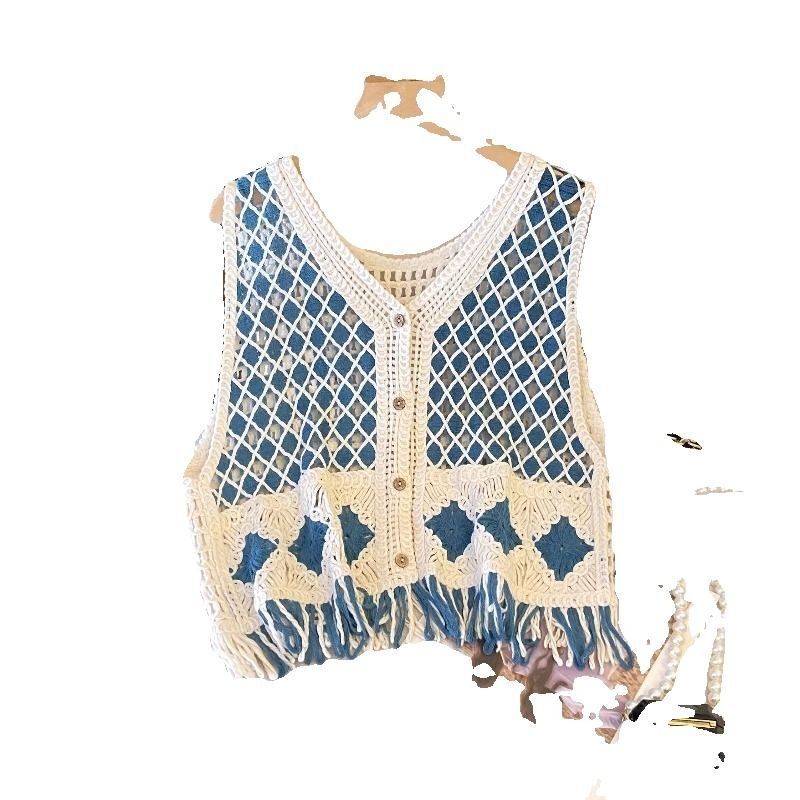 Ethnic Style Diamond Pattern Tassel Knitted Vest Women Xinjiang Grassland Beach Vacation Hollow Out Cardigan