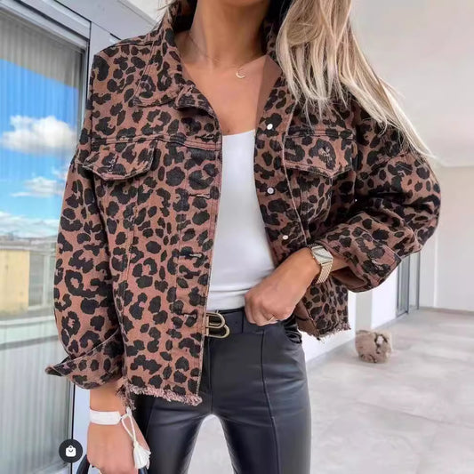 2024Amazon European and American Cross-Border Hot Trendy Washed Vintage Leopard Print Frayed Denim Jacket for Women