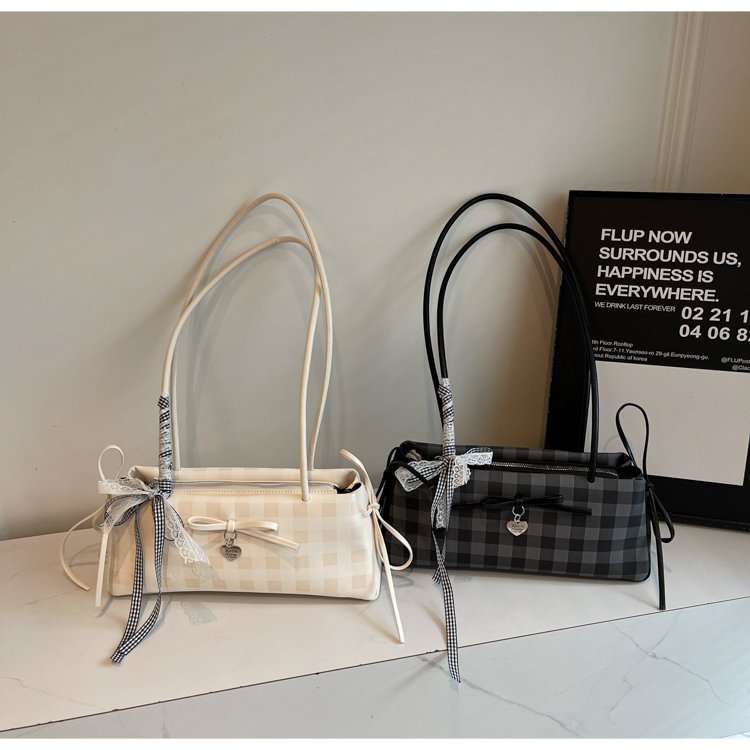 Dopamine Plaid Handbag Small Tote Bag for Women Summer2025New Ballet Style Bow Baguette Bag Underarm Bag Trendy