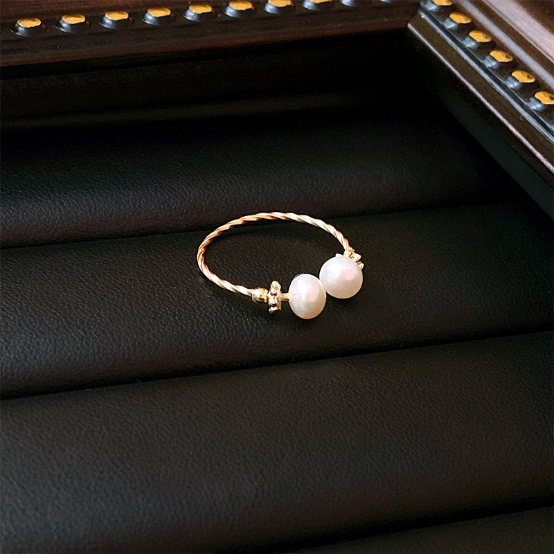 Real Gold Plated Baroque Pearl Tulip Flower Open Ring Korean Fresh Sweet Forest Style Light Luxury Jewelry