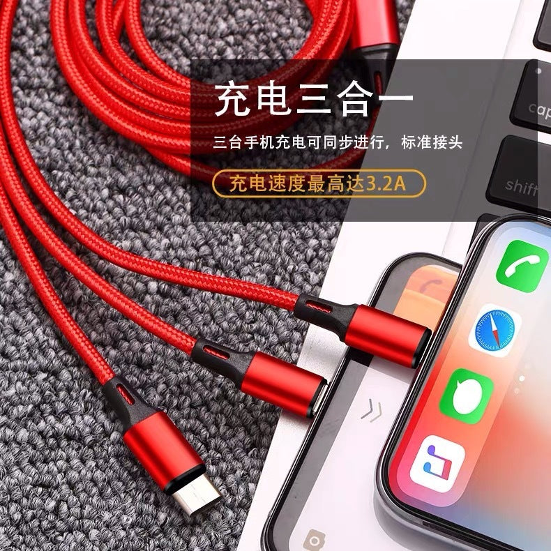 In-stock Nylon Weave100W 1-to-3 Mobile Phone Data Cable Multi-Head3A 3-in-1 Fast Charging Gift Logo Wholesale