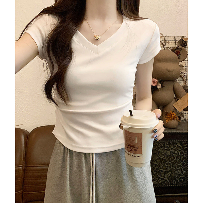 White Slim Fit Ruched t Women's Summer T-shirt2024New design with a structured shoulder and waist-cinching effect for a slimming look V Collar Short Sleeve Top