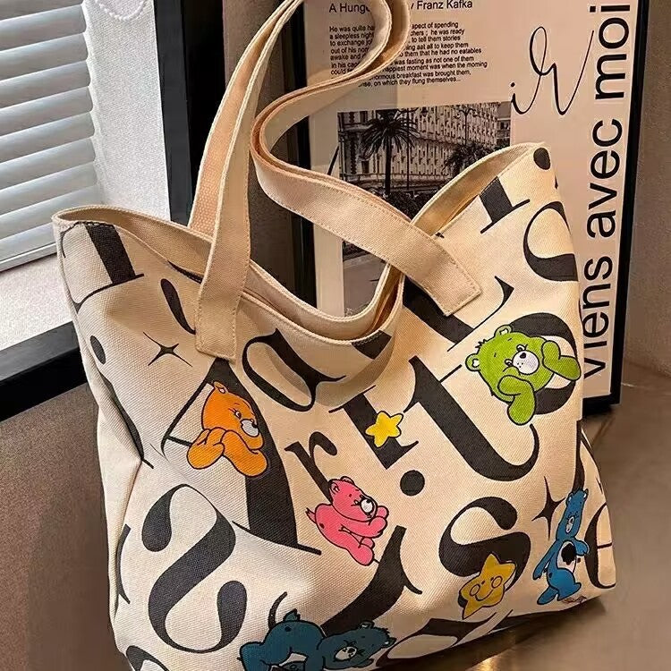 Student Canvas Bag for Women, Large Capacity Tote Commuter Bag, Versatile Printed Mommy Bag, Handheld Shoulder Bag, Shopping Bag for Women