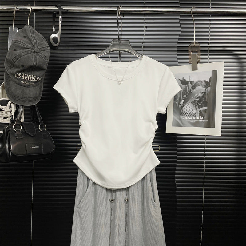 Summer round Neck V Collar Design Sense Ruched Waist Versatile Slimming Short Sleeve Regular Shoulder T T-shirt for Women Hot Girl Tight-fitting Not Wholesale