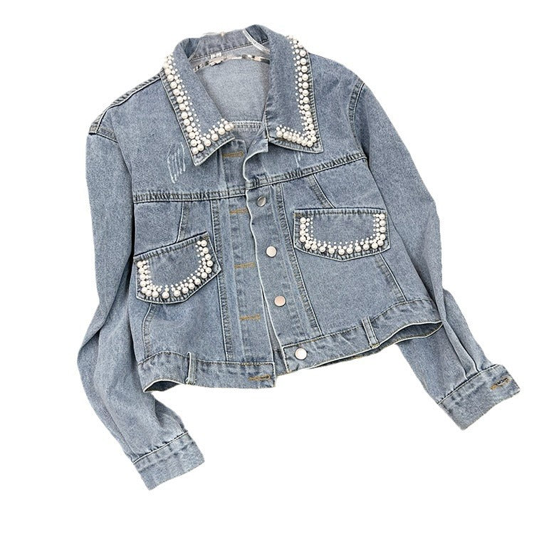 European Style Design Denim Jacket for Women, Loose Fit for Spring and Autumn2024New Heavy Beaded Jacket