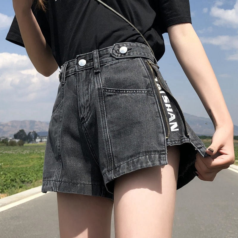 Side Zipper High Waist Denim Shorts Women Summer Loose Fit2025New Year's Slimming Letter Print Wide-Leg Hot Pants Trend