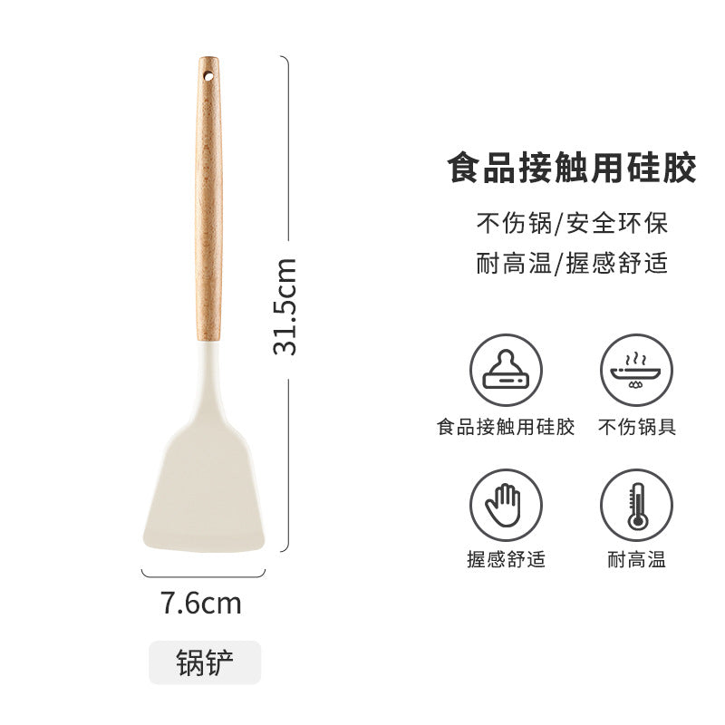 Wooden Handle Non-Stick Pan Silicone Kitchen Utensils Soup Spoon Spatula One Piece