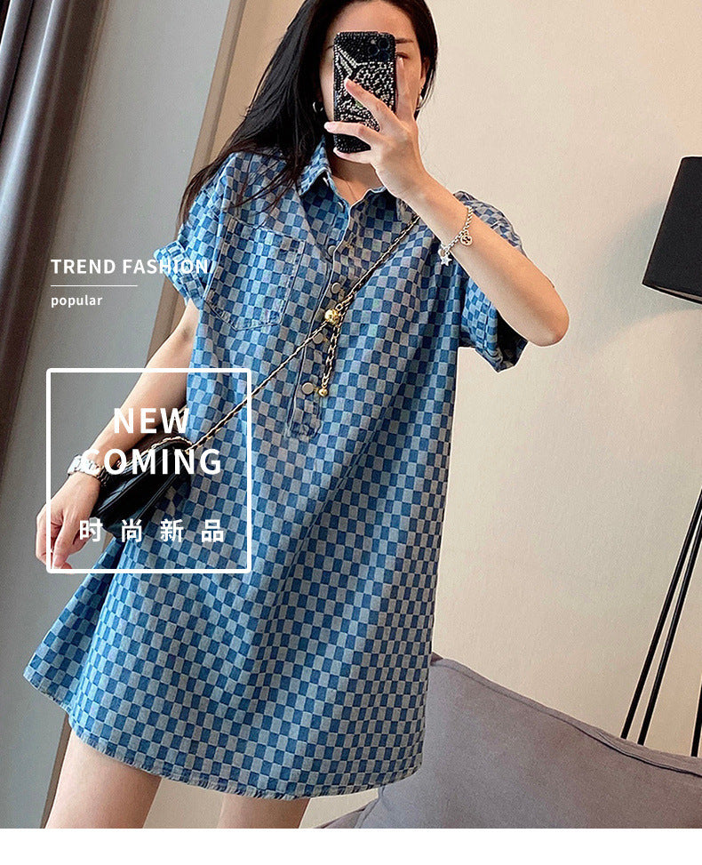 2-300Jin Fat mm Denim Blue Dress for Women Summer New Large Size Mid-Length Loose Short Sleeve T T-shirt Skirt