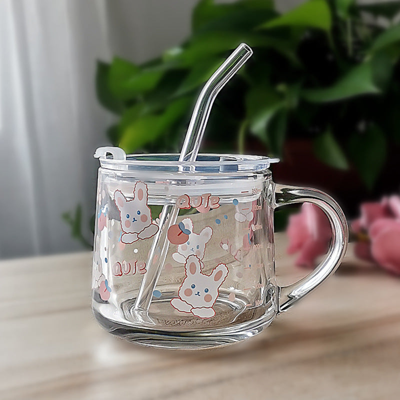 ins Glass Cup with Straw Milk Breakfast Cup Cute Cartoon Graduated Cup with Lid Spoon Gift Customization logo