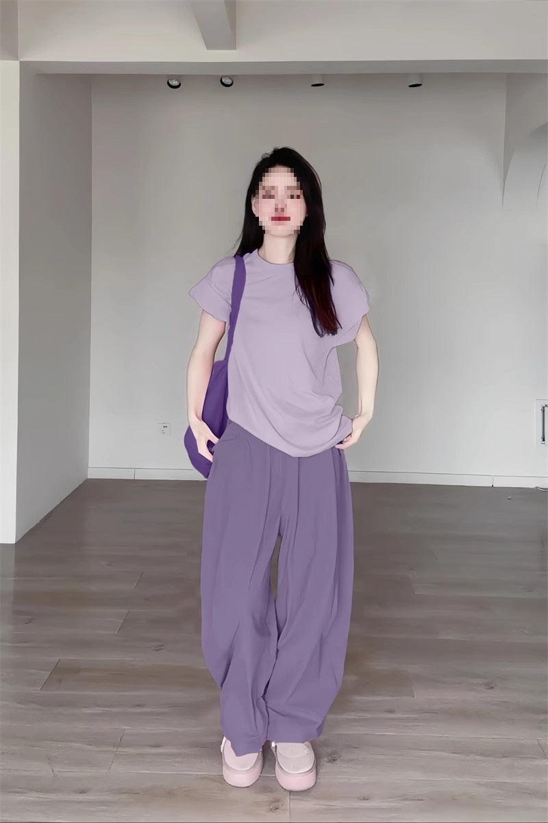 Summer Dopamine Full Set Shirt Wide-Leg Pants Two-Piece Set Lazy Style Fashion Casual Thin Suit for Petite Women