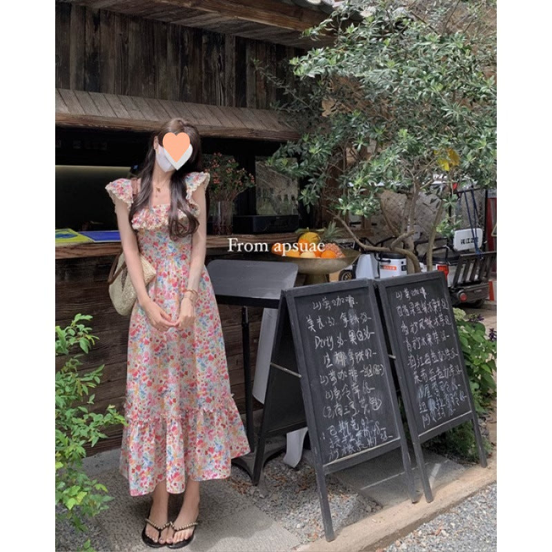 Floral Square Neck Slim Fit Women's Dress for Beach Vacation Casual Long Dress