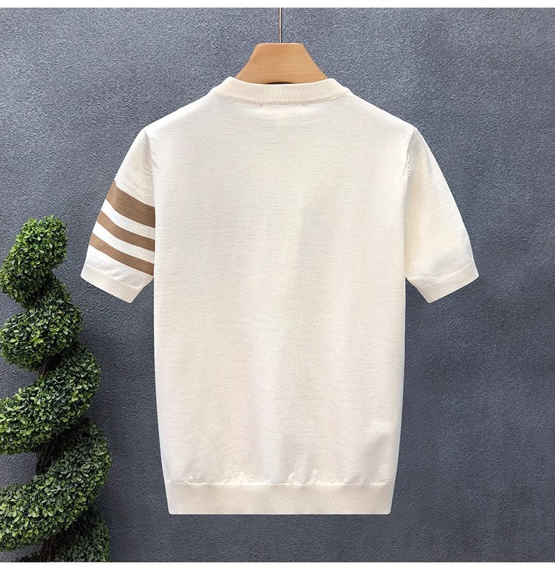2025New Short Sleeve Knitted Shirt for Men, Striped, Simple, High-End Business, Mature, Slim Fit, Ice Silk T Men's Shirt