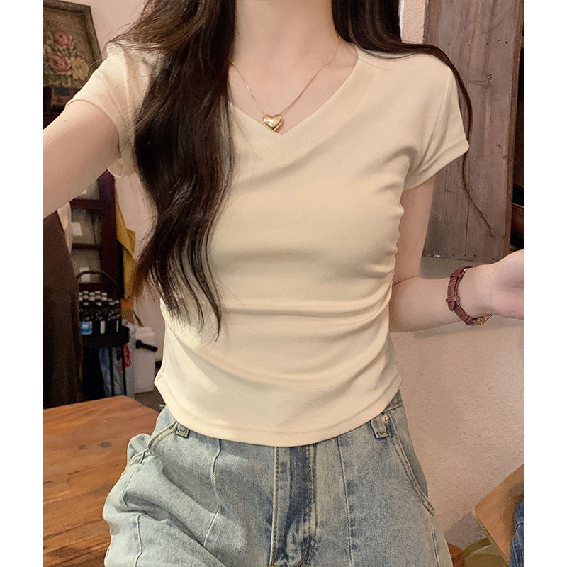 White Slim Fit Ruched t Women's Summer T-shirt2024New design with a structured shoulder and waist-cinching effect for a slimming look V Collar Short Sleeve Top