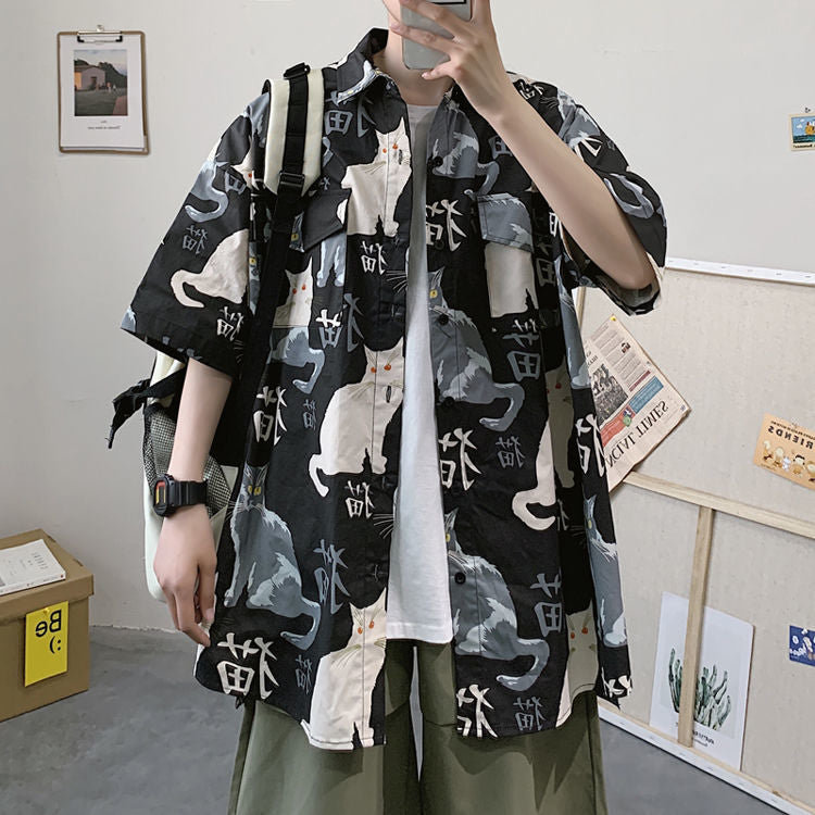 Summer Japanese Style Short Sleeve Shirt Men Half Sleeve Shirt Hong Kong Style Trendy Cat Print Student Loose Casual Shirt12