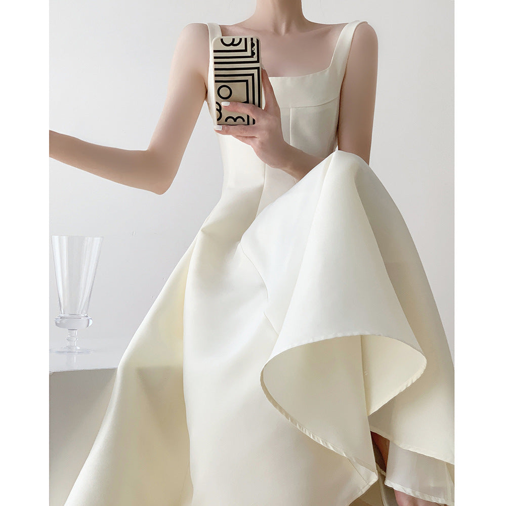 French Style Light Wedding Dress Solid Color Satin Simple Petite Host Adult Ceremony Party Banquet Evening Dress Suitable for Daily Wear