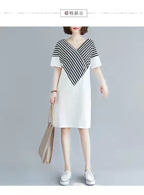 Korean Style Mid-Length Short-Sleeve Striped Patchwork Skirt, Belly-Covering, Slimming, Plus Size, Loose-Fit, Casual V Women's Trendy Collared Dress