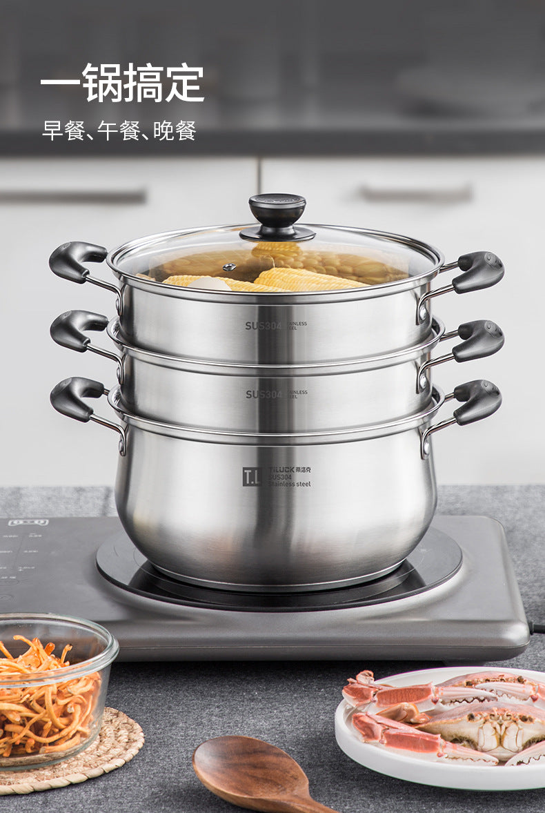 304Stainless Steel Soup Pot for Home Use, Non-Coated Instant Noodle Pot, Double Ear Small Pot, Steamer, Special for Gas and Induction Cookers