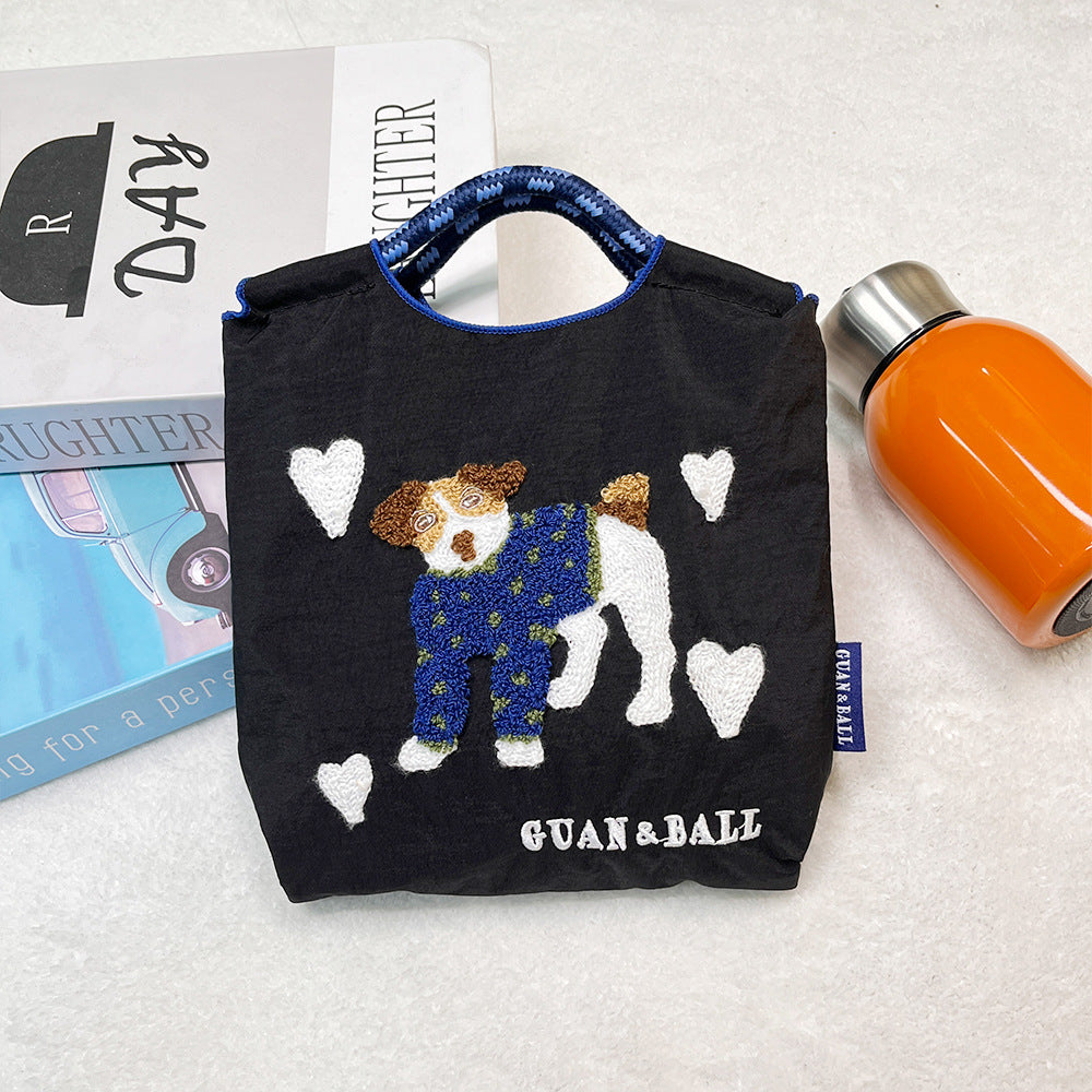 Japanese Style BallChain Same Style Eco-Friendly Embroidered Shopping Bag Nylon Fabric Floral Handheld Niche Fashion Shopping Bag