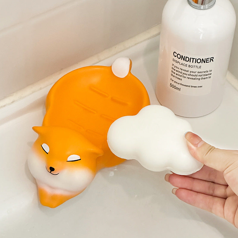 New Cute Corgi Soap Dish for Bathroom, Water Draining Soap Holder, No Drilling Required, Sink Soap Tray Storage