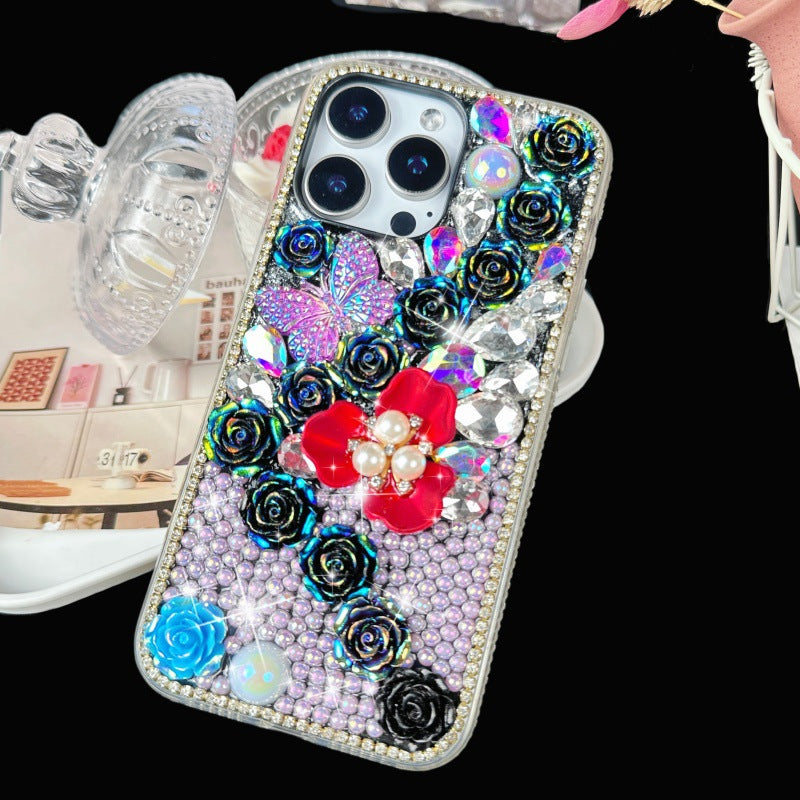 Rhinestone Rose Flower Suitable for iPhone17Pro Mobile Phone Case Suitable for Apple Luxury Pearl Mobile Phone Protective Cover