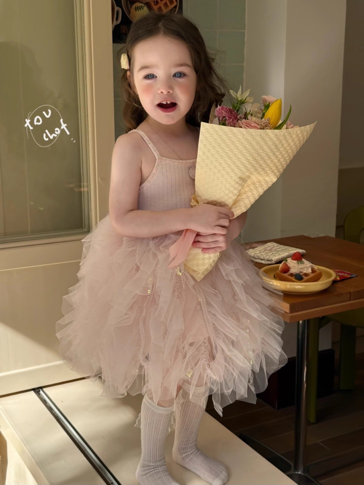 Girls Korean Style Cotton Strap Floral Mesh Princess Dress