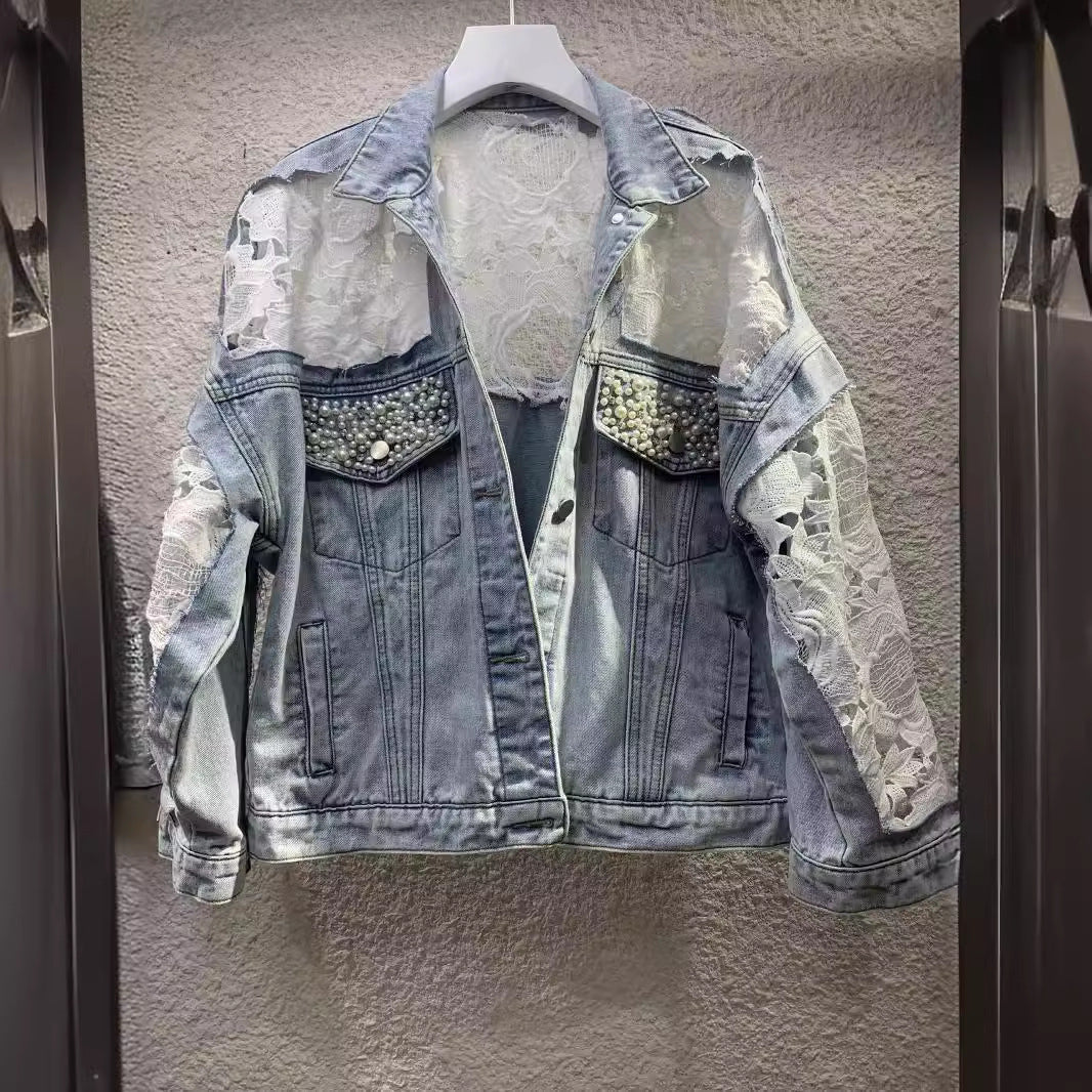2024Spring and Autumn New Loose Versatile Sunscreen Mesh See-through Lace Embroidered Short Denim Jacket for Women Trendy Top