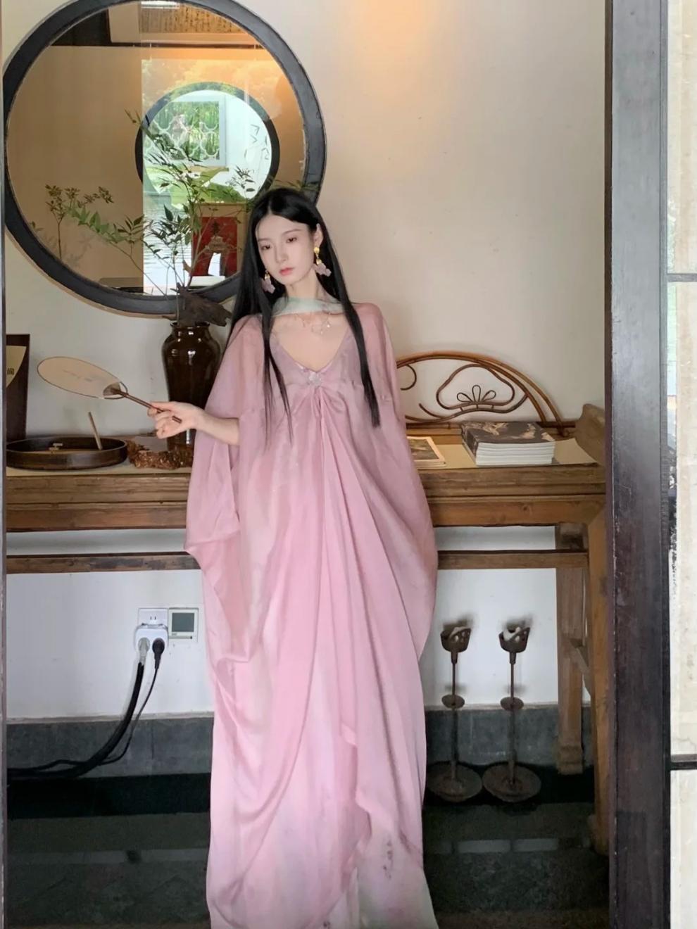 Cool Beauty Lotus Color Fairy-like Summer Atmosphere Cape Blouse Jacket Floral Strap Long Dress Set