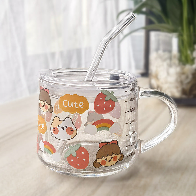ins Glass Cup with Straw Milk Breakfast Cup Cute Cartoon Graduated Cup with Lid Spoon Gift Customization logo