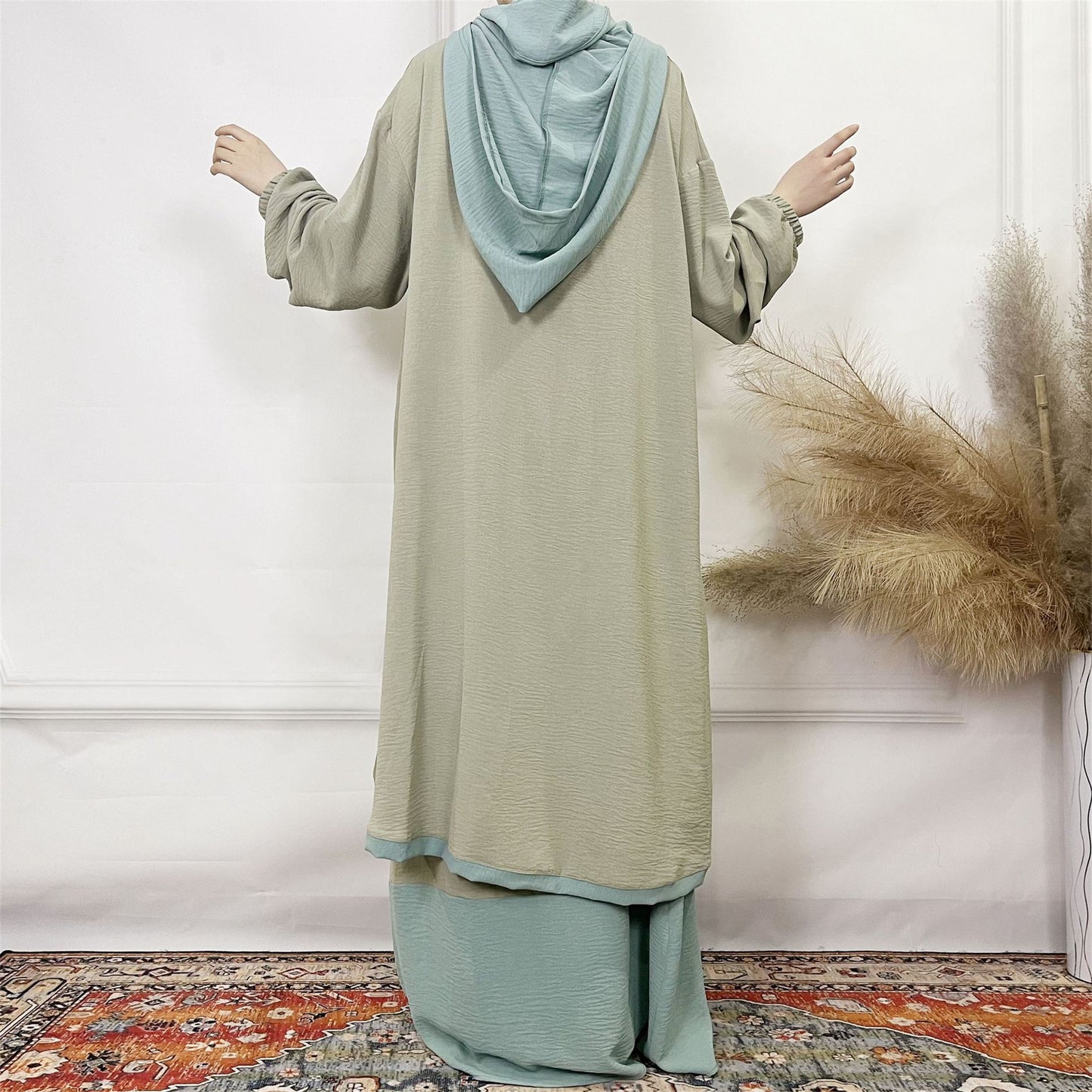 2024Aliexpress Muslims Fashion Women's Two-Piece Set with Bowknot, Solid Color Double-Layer Hat and Robe Set