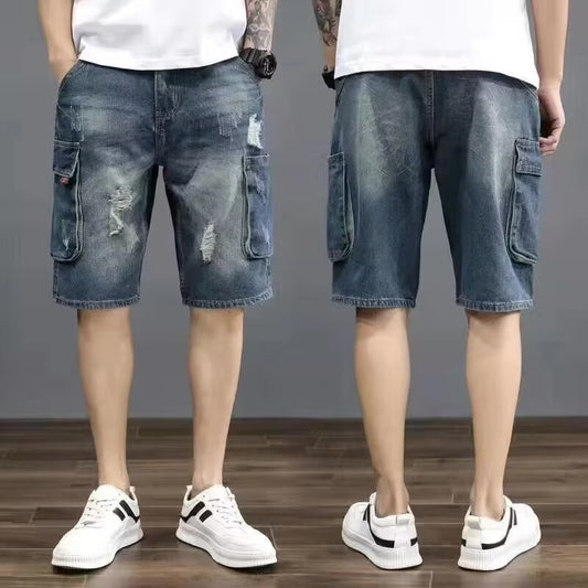 Summer Casual Multi-Pocket Loose Denim Shorts Men Trendy Loose Cargo Pants Retro Jeans Five-Point Shorts