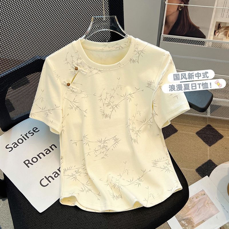 New Chinese Style National Style Button Short Sleeve t Women's Summer T-shirt2024New Women's Loose Slimming Plus Size Round Neck Top