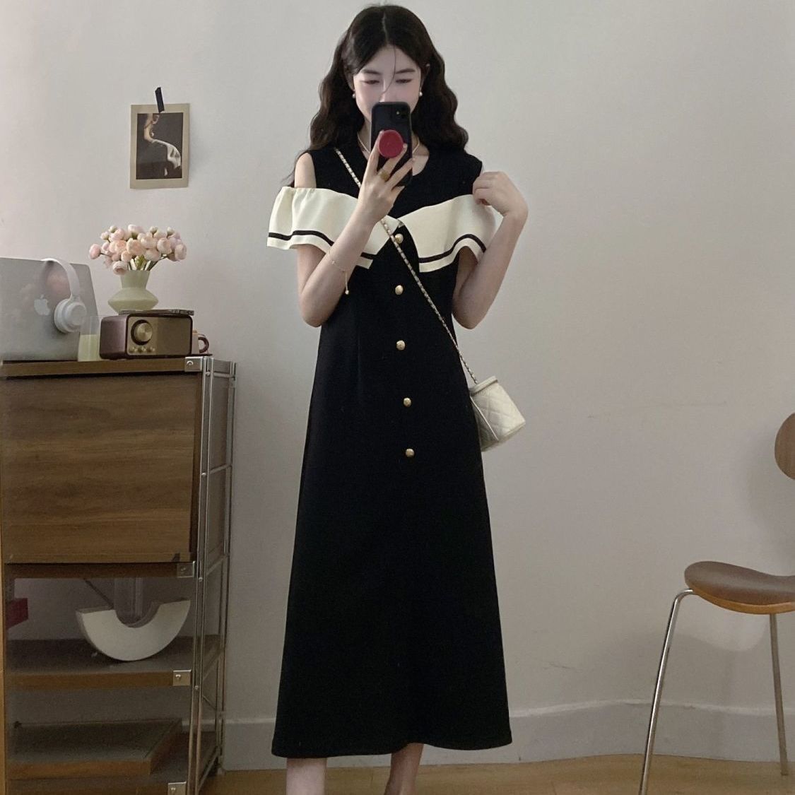 Plus Size Fat mm Korean Style Elegant Ruffled Off-Shoulder Short Sleeve Dress Women's Summer Fashionable Youthful Mid-Length Dress