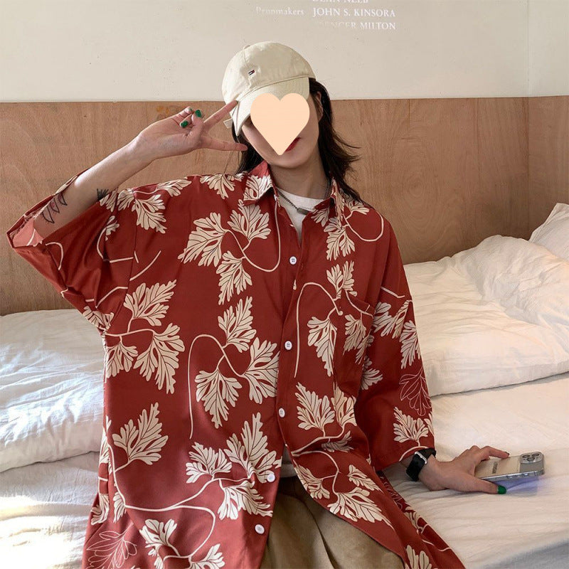 Summer Short Sleeve Floral Shirt for Men and Women Hawaiian Retro Hong Kong Style Loose Ice Silk Shirt Couple Outfit