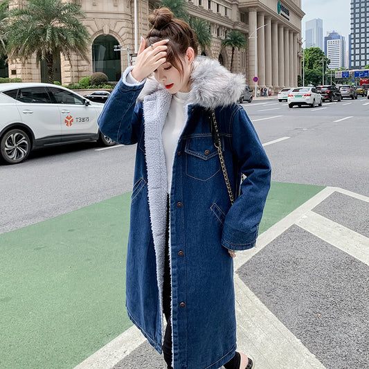 2022Winter New Mid-Length Large Fur Collar Fleece-Lined Lamb Wool Denim Jacket for Women Loose Casual Cotton Coat