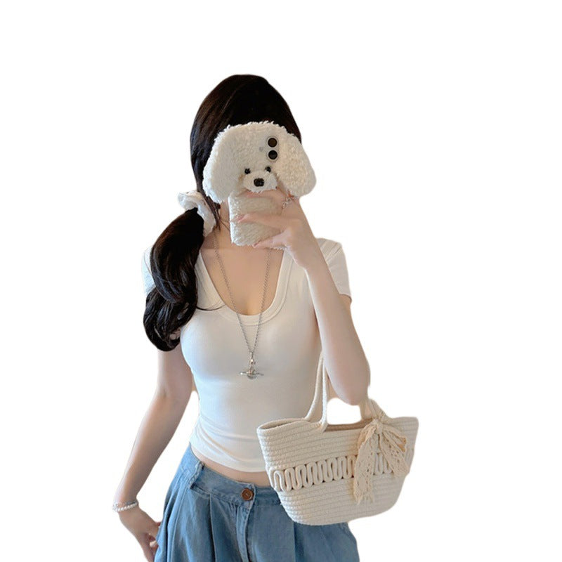White u Pure Desire Slim Fit Tight Shoulder Short Sleeve t Women's Summer Shirt with Chest Pads Lace Hollow Out Hot Girl Short Top Black