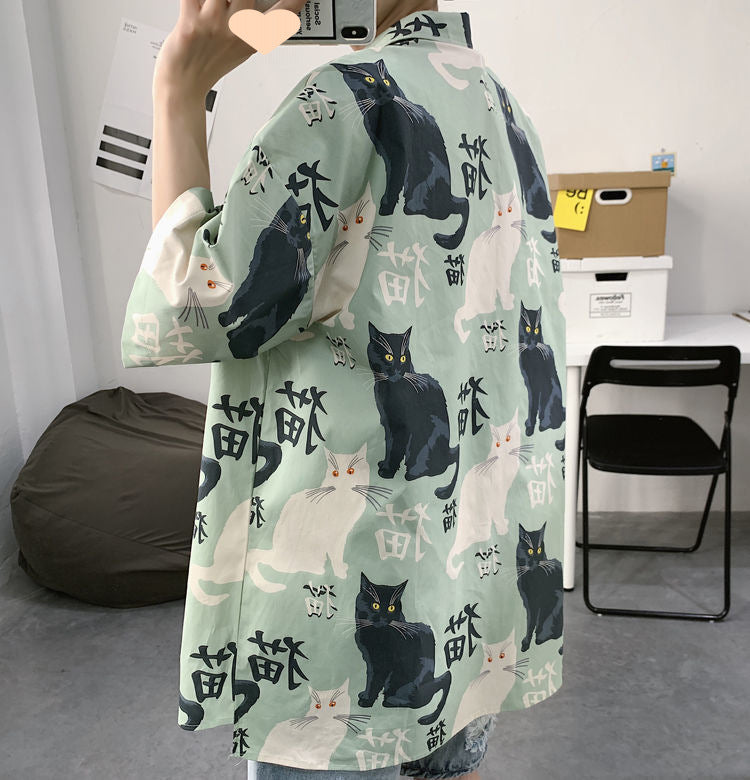 Summer Japanese Style Short Sleeve Shirt Men Half Sleeve Shirt Hong Kong Style Trendy Cat Print Student Loose Casual Shirt12