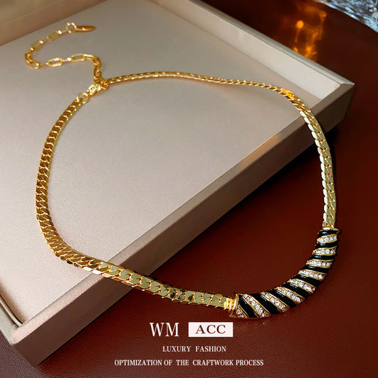 Medieval vintage Necklace Real Gold Plated Diamond-Studded Curved Oil Drop Collarbone Chain Light Luxury High-End Necklace Wholesale