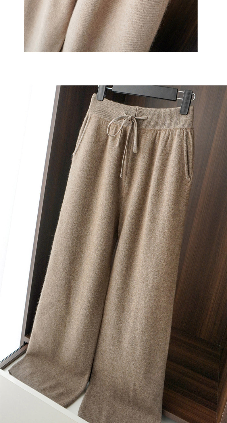 Autumn Winter Thickened Knitted Full Wool Wide-Leg Pants for Women Casual Cashmere High-Waist Draped Loose Straight-Leg Floor-Length Pants