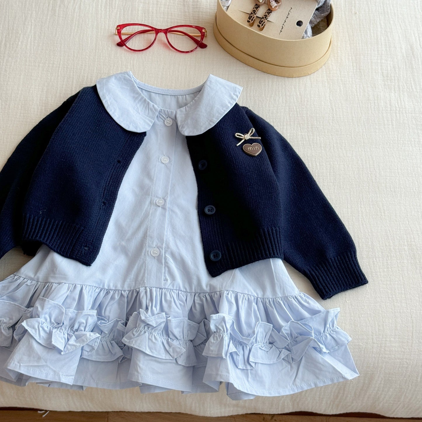 Sweet Little Girl Autumn Outfit Set New Autumn Navy Knitted Sweater Baby Shirt Skirt Fashion Two-Piece Set