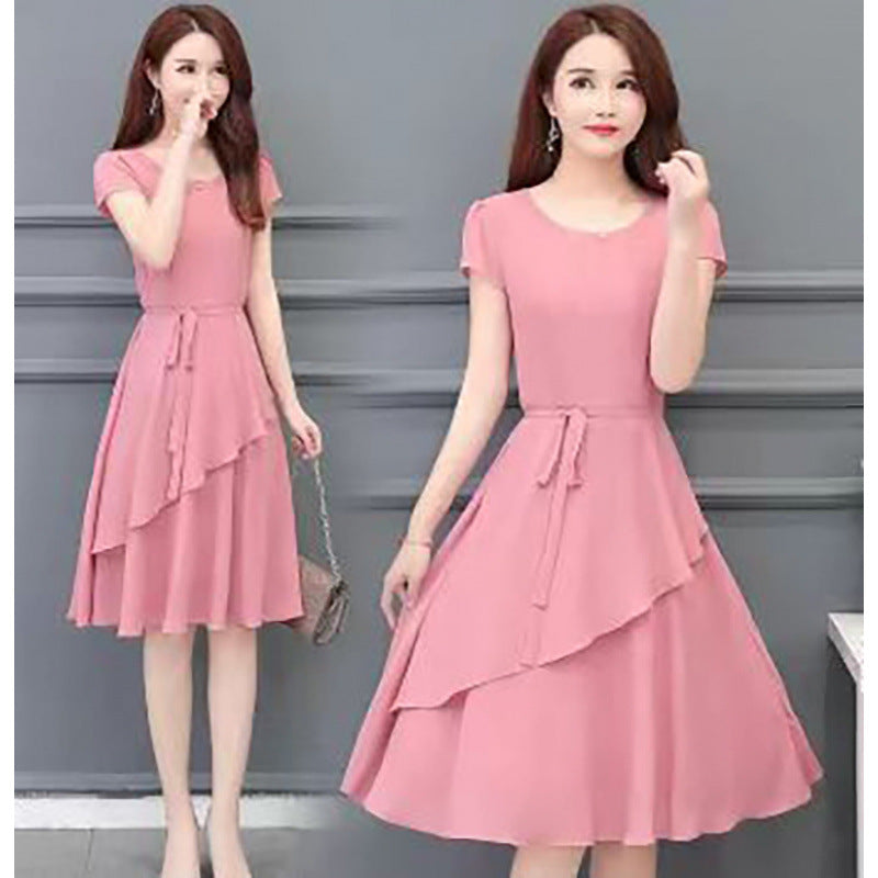 Summer New Fashionable Slimming Age-Reducing Skirt Elegant Mid-Length Style a Round Neck Plus Size Loose Women's Dress