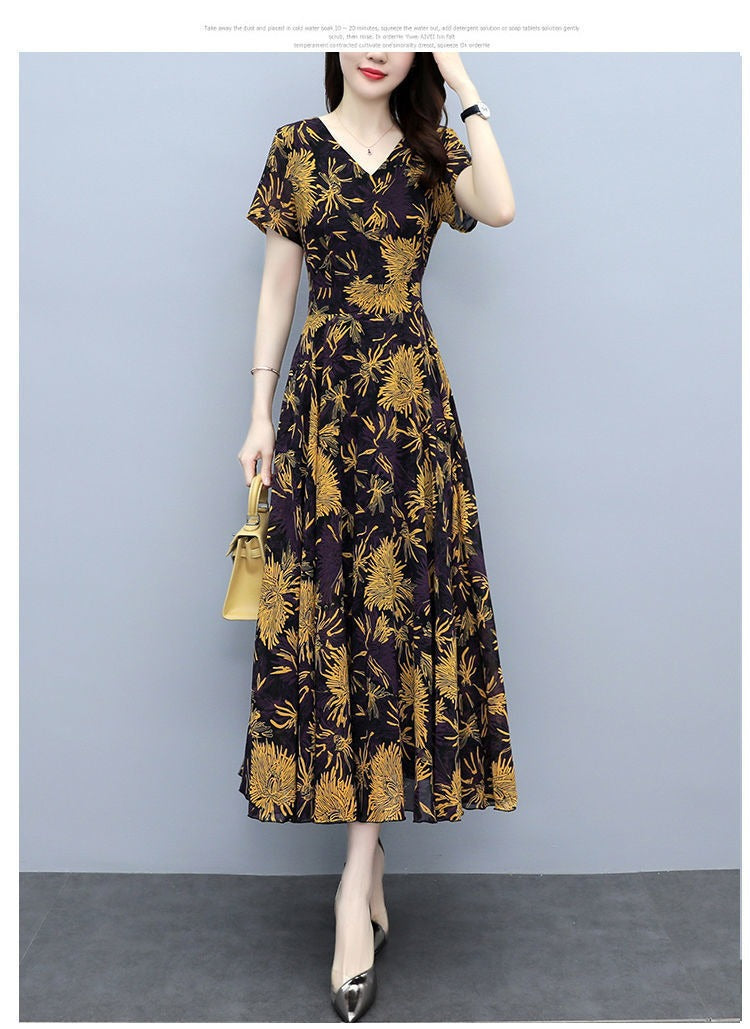 2022Summer New Chiffon Floral Dress Slimming Waist Plus Size Women mm Tummy-Covering Elegant Long Dress