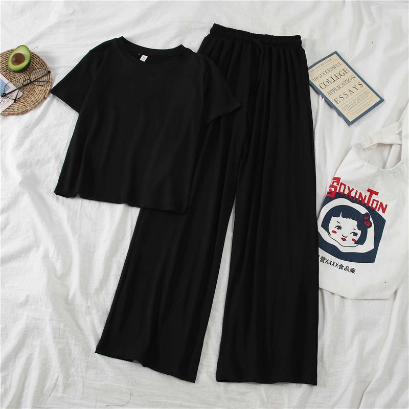 In Stock Cross-Border Amazon Summer New Korean Style Fashionable Petite Height-Enhancing Set Women Short Sleeve Wide-Leg Pants Casual Pants